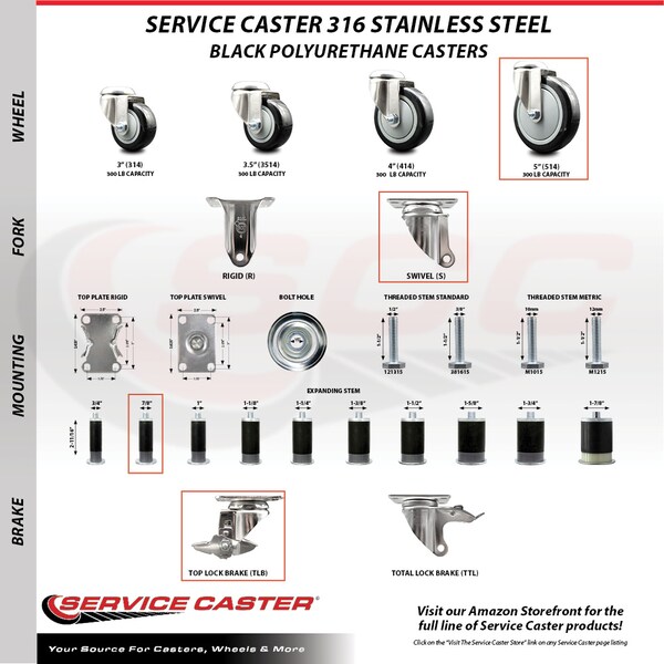 Service Caster 5 Inch 316SS Black Polyurethane Swivel 7/8 Inch Expanding Stem Caster Brake SCC-SS316EX20S514-PPUB-BLK-TLB-78 - main